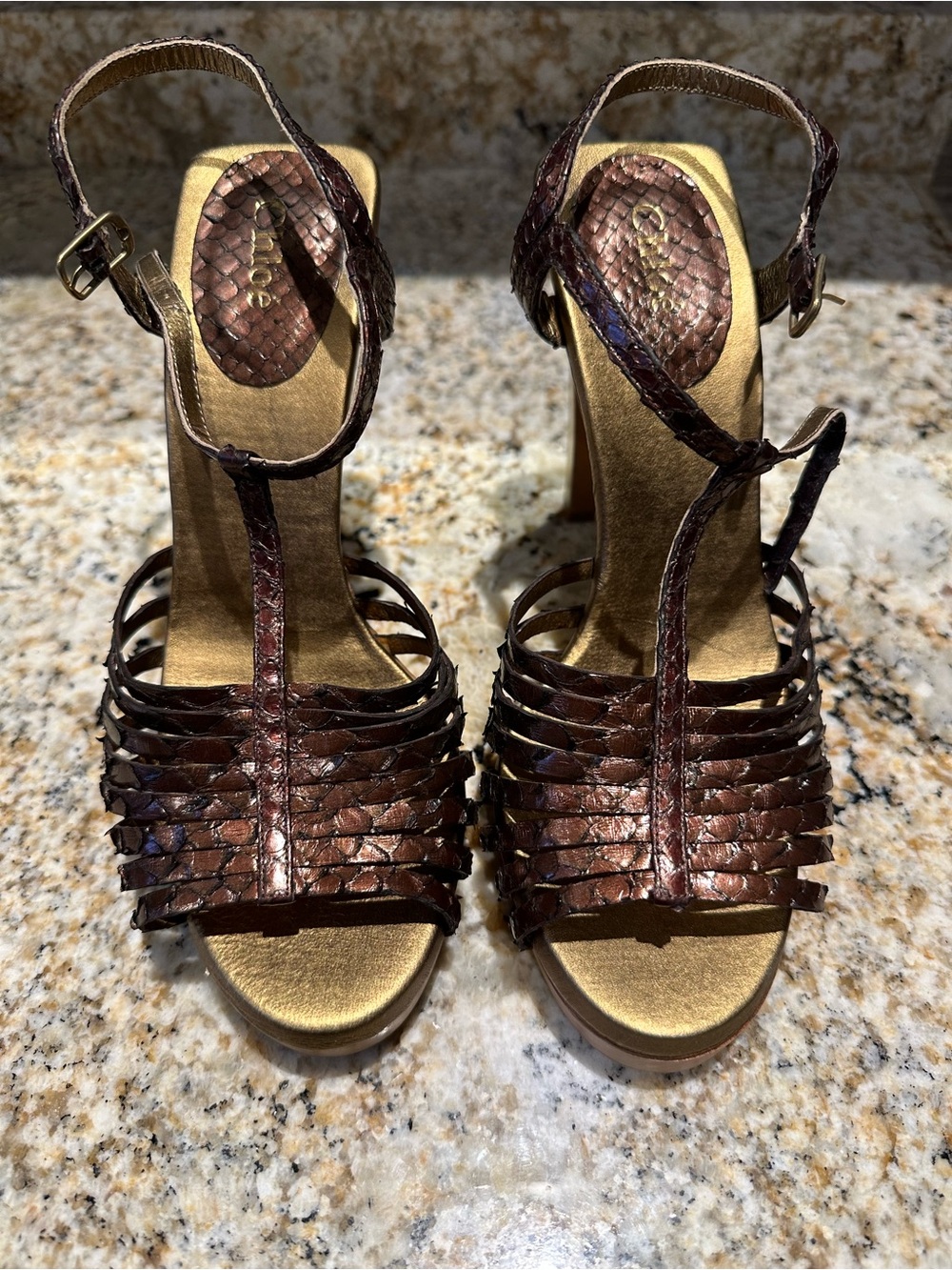 Chloé Women’s Brown Metallic Strappy High Heel Sandals